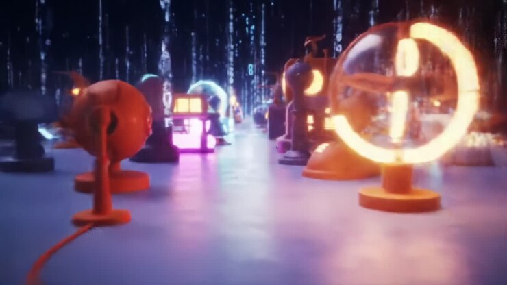 Un viaggio in un paese delle meraviglie digitale: esplorando vivaci sculture al neon in un paesaggio futuristico che mette in evidenza l'intersezione tra arte e tecnologia
