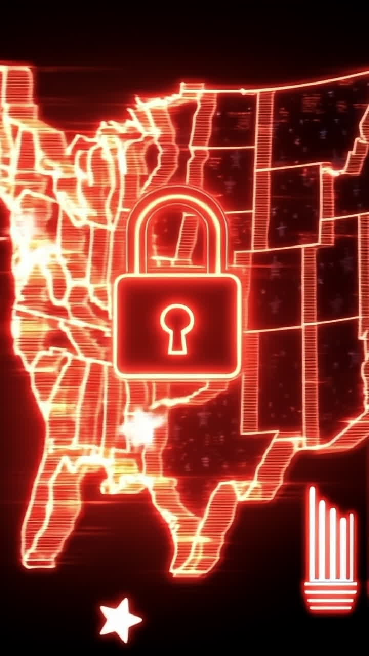 US Map with digital lock icon. A map of the U.S. with a locked padlock, representing cybersecurity and protection.