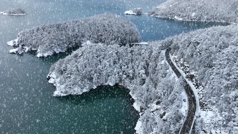 tiro de dron en aumento de la isla de fidalgo en el estado de washington con nieve cayendo activamente