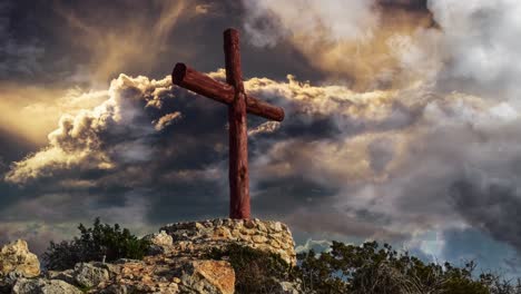 a cross pole with a storm cloud background accompanied by flashes of lightning