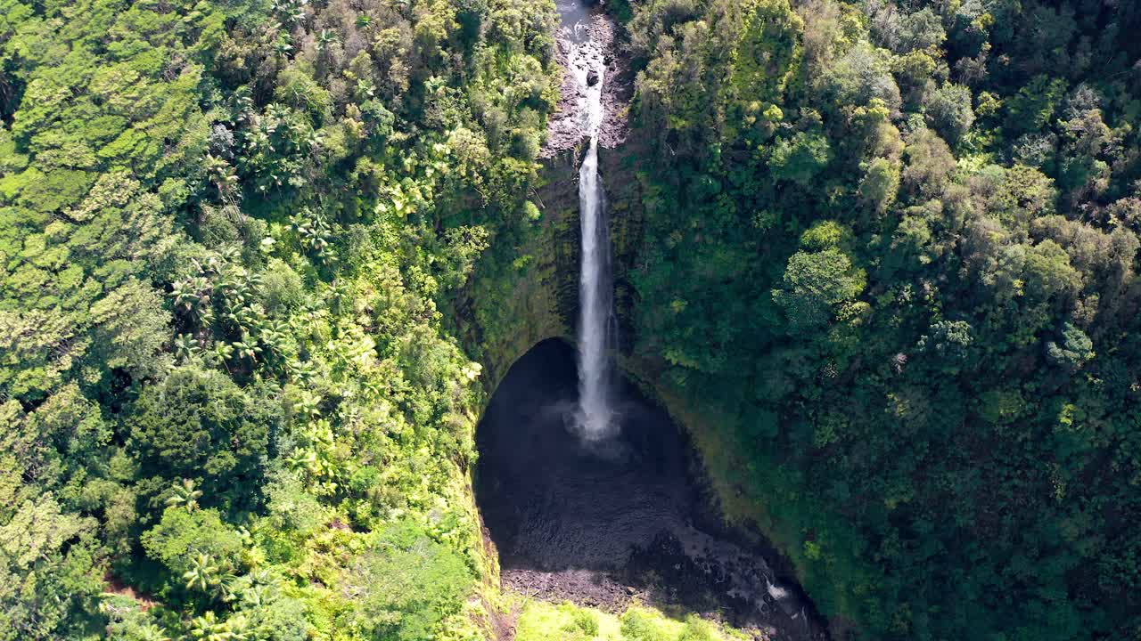 Aerial view of Akaka Falls in Hawaii, where a tall waterfall drops into a shaded pool at the base of a cliff, surrounded by lush green rainforest vegetation