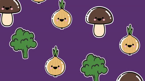 animation of happy vegetables icons on purple background