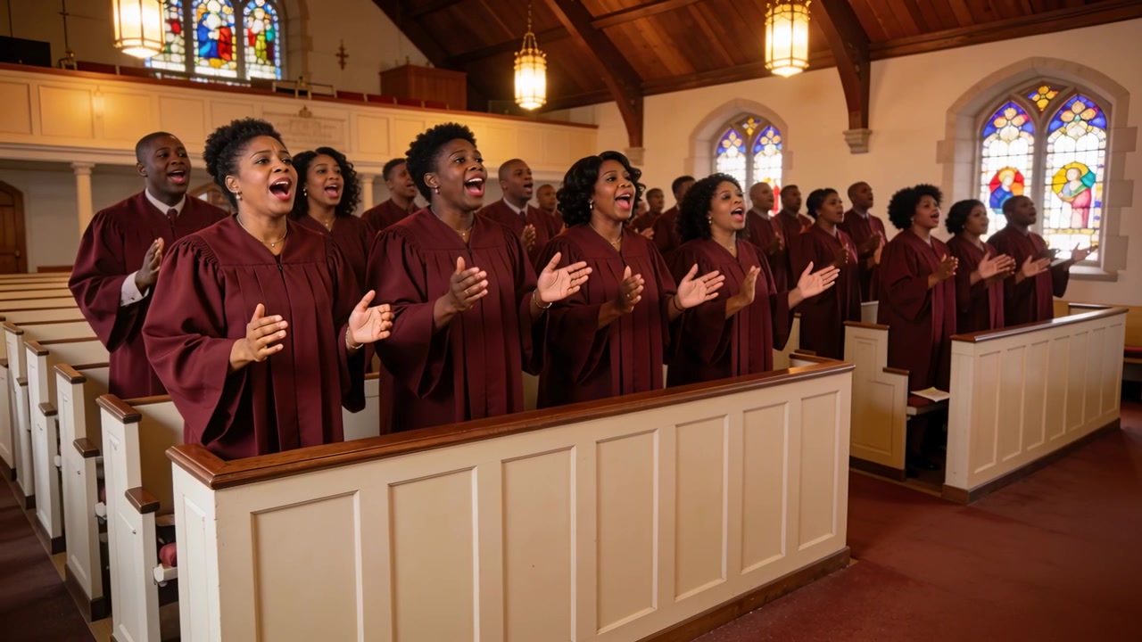 Membri del coro della chiesa che cantano, rispondendo all'inizio del canto, applaudendo nel santuario, con vesti bordeaux.