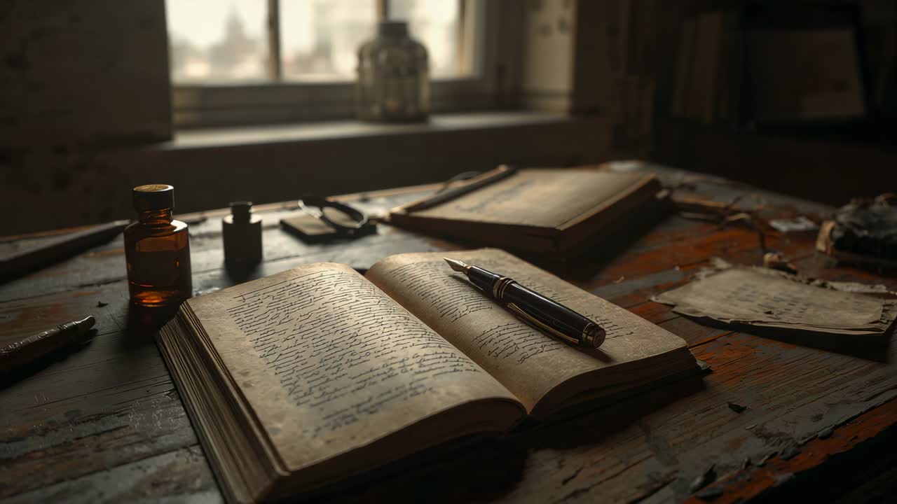 Shifting window light falling across written pages on desk, showing fountain pen and amber bottle