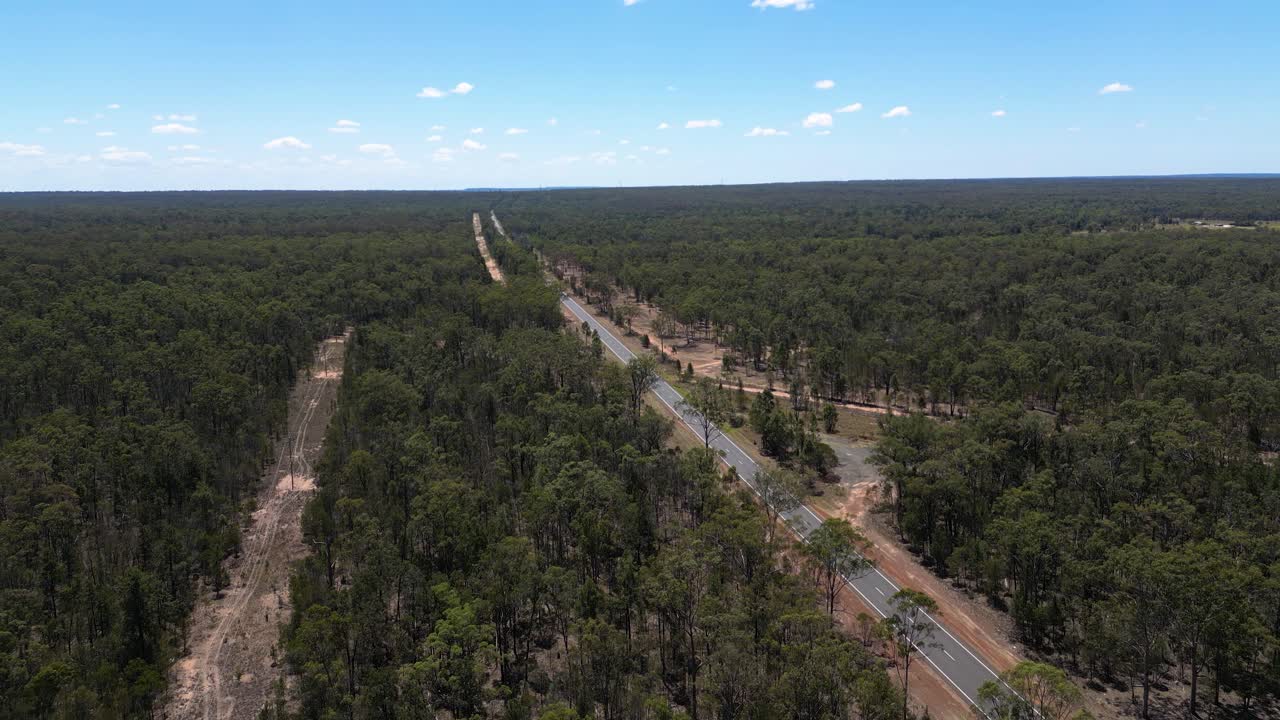 Aerial View of a Long Straight Road Through a Dense Forest