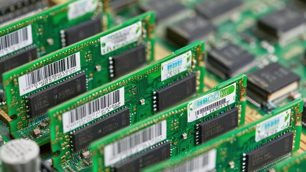 Detailed Close-Up of Computer Memory Modules Showcasing Circuitry and Design Features in a High-Tech Environment with Multiple Green PCBs and Integrated Chips