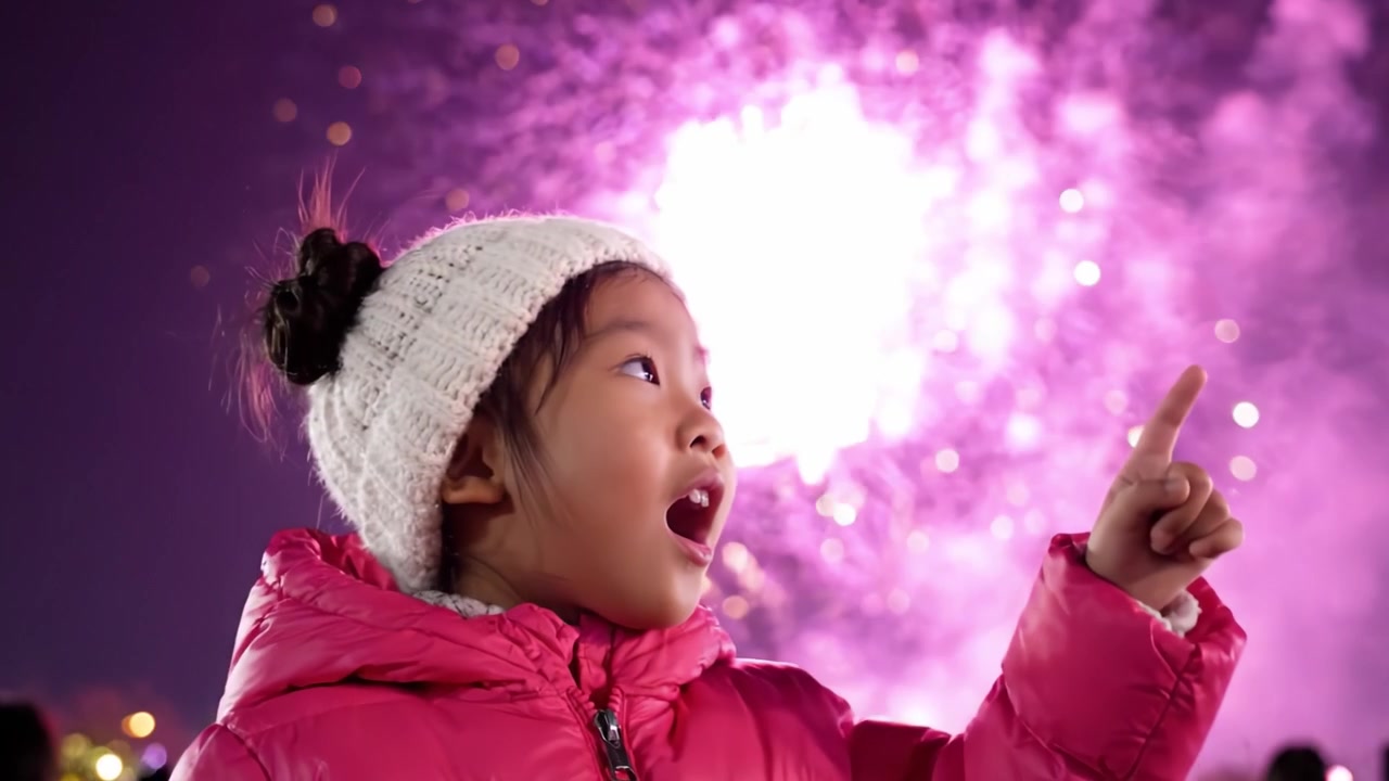 Una celebrazione gioiosa: una bambina in rosa sperimenta lo splendore dei fuochi d'artificio che scintillano nel cielo notturno, catturando la magia di una serata festiva