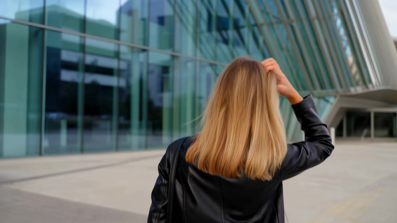 Donna bionda con giacca di pelle nera in piedi accanto a un edificio per uffici in vetro curvo in una moderna piazza cittadina, mentre si sistema i capelli con una mano di fronte alla facciata riflettente, sotto una luce diurna calma e pulita.
