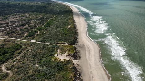 una hermosa playa aislada con olas onduladas y dunas cubiertas de vegetación como se ve desde lo alto