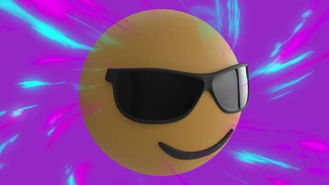 animación del icono de emoji de gafas de sol sobre luces rosadas y azules