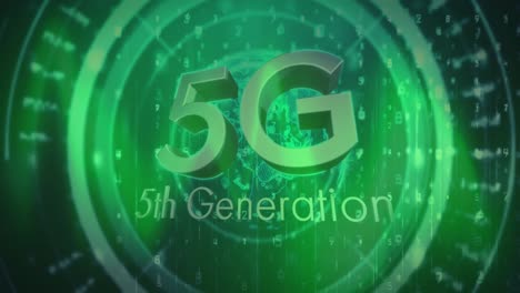 Animación-De-Texto-5g-De-5ª-Generación,-Con-Globo-Terráqueo-Y-Procesamiento-De-Datos,-En-Luz-Verde