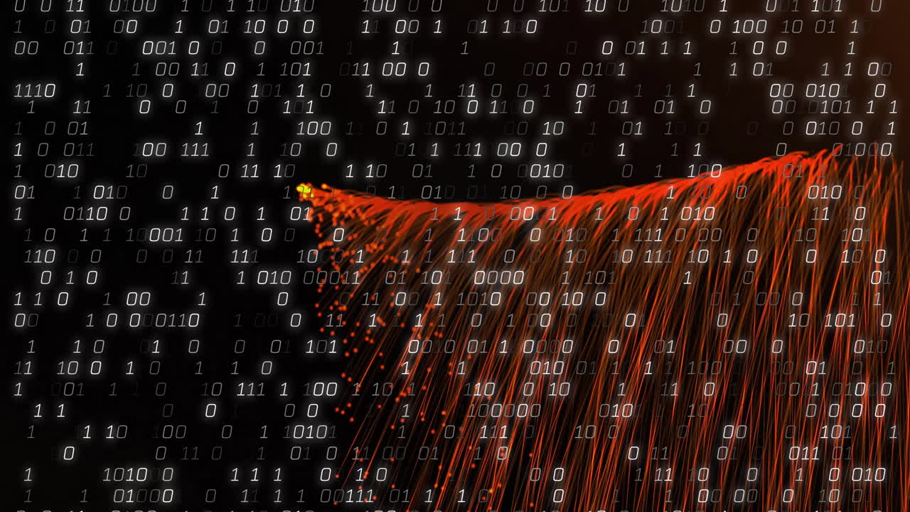 Binary code animation over fiber optic cables on dark background