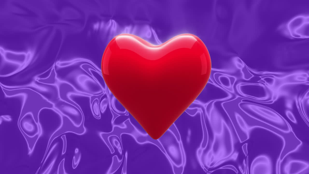 보라색 액체 배경 위에서 진동하는 디지털 빨간 심장 아이콘의 애니메이션