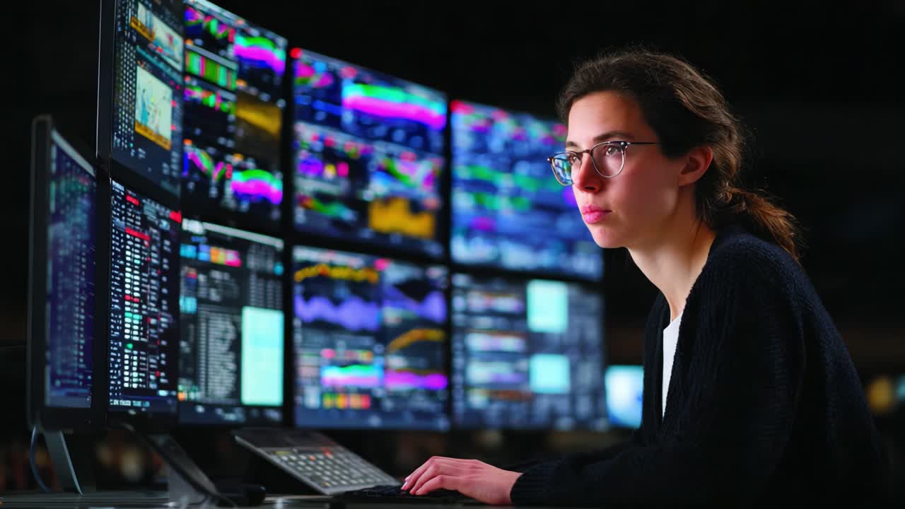 Young Female Analyst Concentrating on Financial Data and Market Trends While Analyzing Complex Graphs and Charts on Multiple Computer Screens in a High-Tech Environment