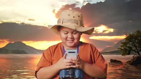 niño asiático con sombrero y binoculares mirando su teléfono inteligente y sonriendo a un lago. niño investigador examina algo, concepto de aventura de viaje, primer plano