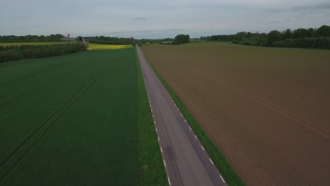 Countryside-Road-in-South-Sweden-Skåne,-Österlen,-Tosterup,-Aerial-High-Forward