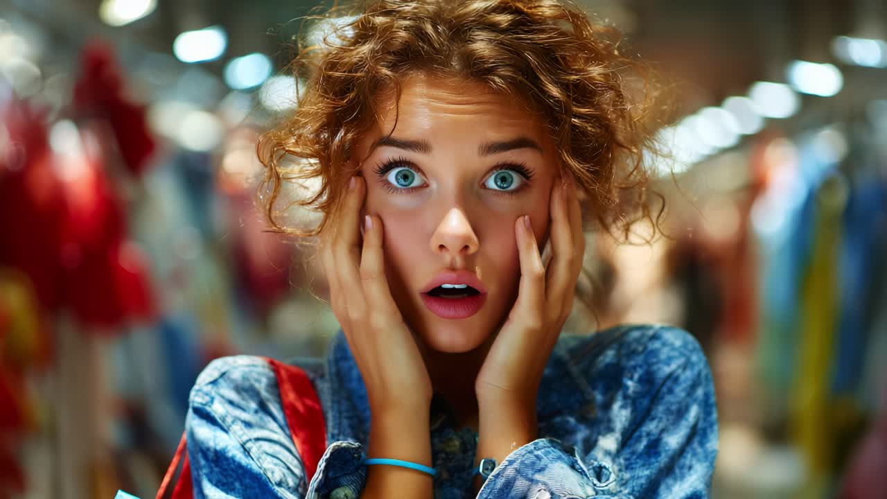 A Surprised Young Woman in a Colorful Clothing Store Expresses Shock and Curiosity, Captured in an Engaging and Emotionally Charged Moment with Beautiful Lighting