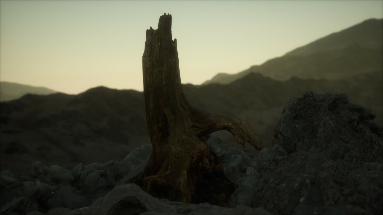 Pino morto su roccia granitica al tramonto