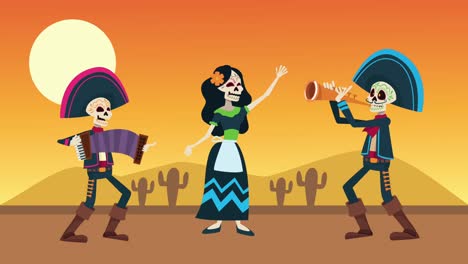 celebración del dia de los muertos con cráneos de grupo mariachis en el desierto