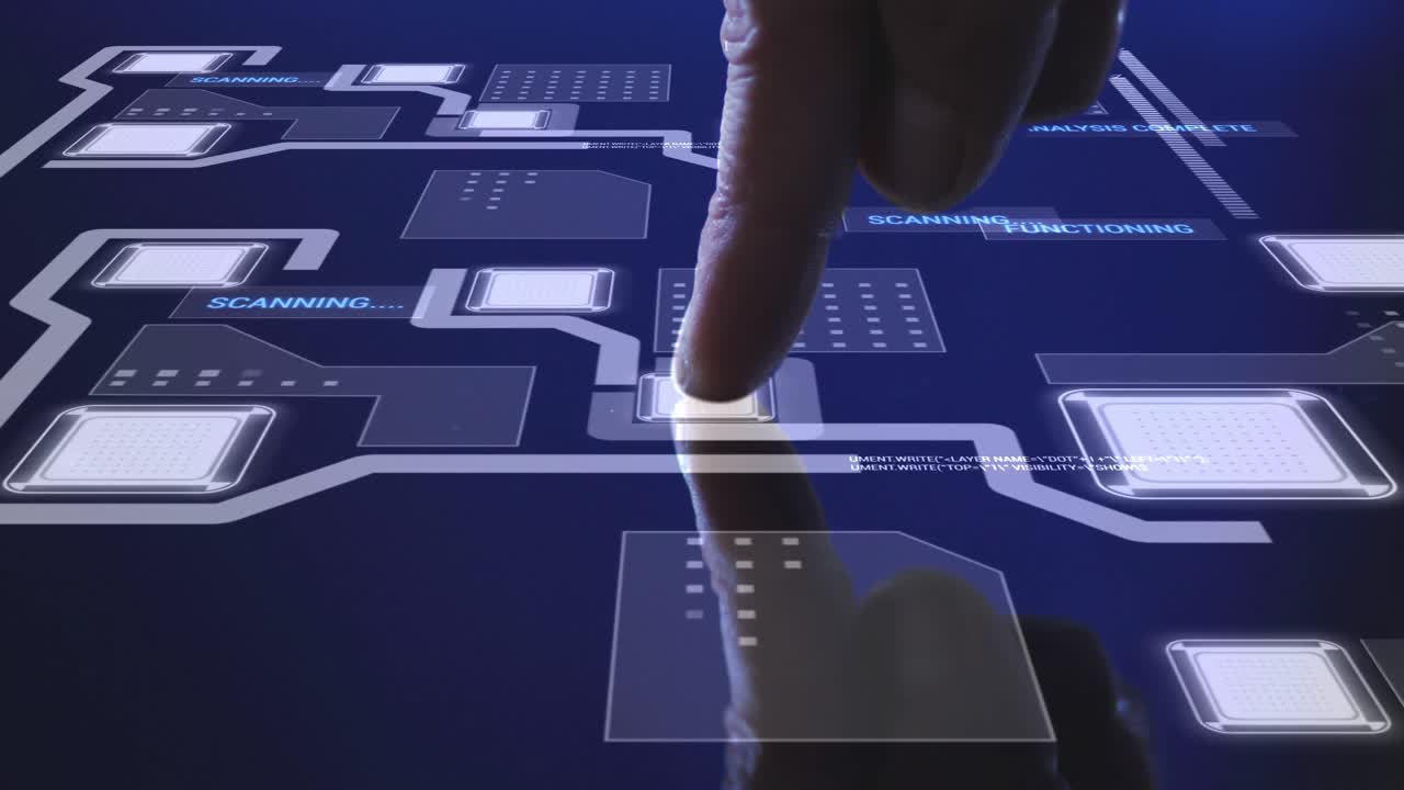 Animation of man's finger touching interactive screen with network of icons and data processing