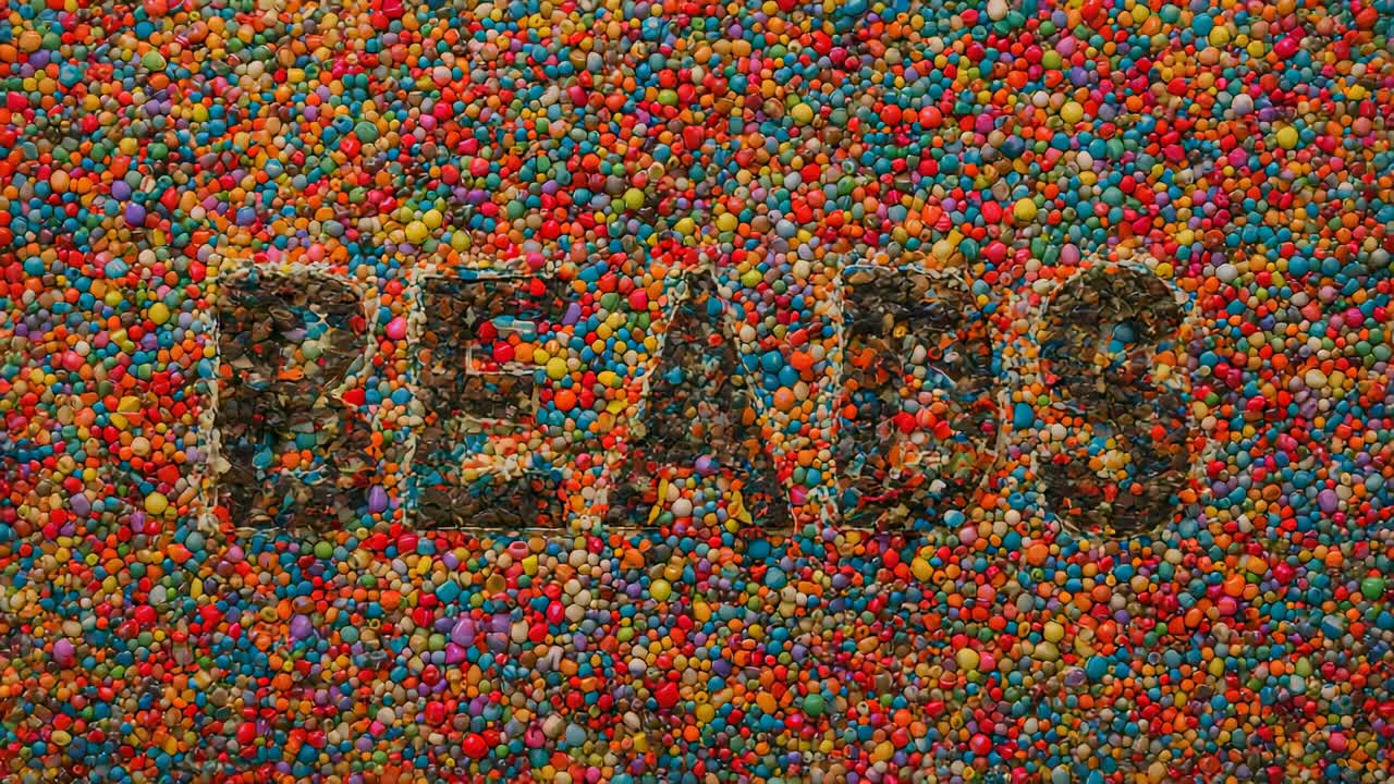 Panning camera focusing five letter word made of dark shreds on lab table, showing bead texture