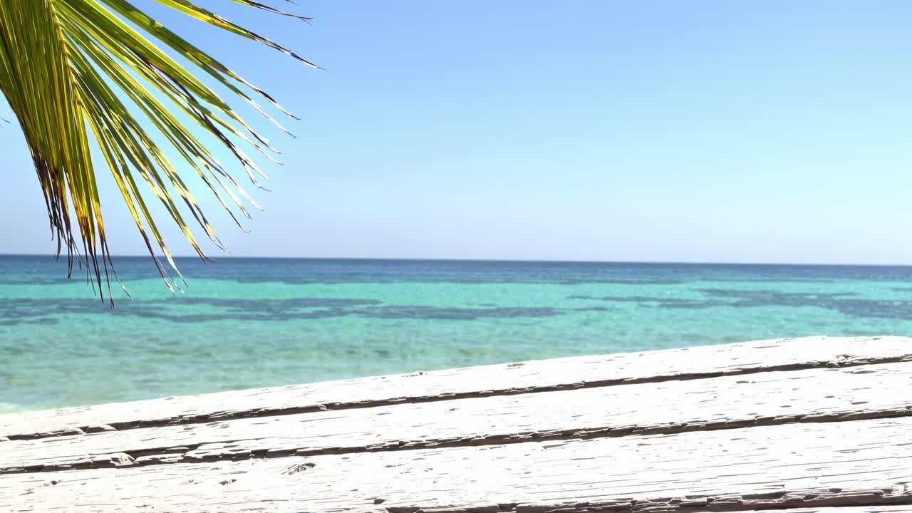 Video di spiaggia sereno con inquadratura dal basso, che riprende acque turchesi e un pontile in legno rustico.