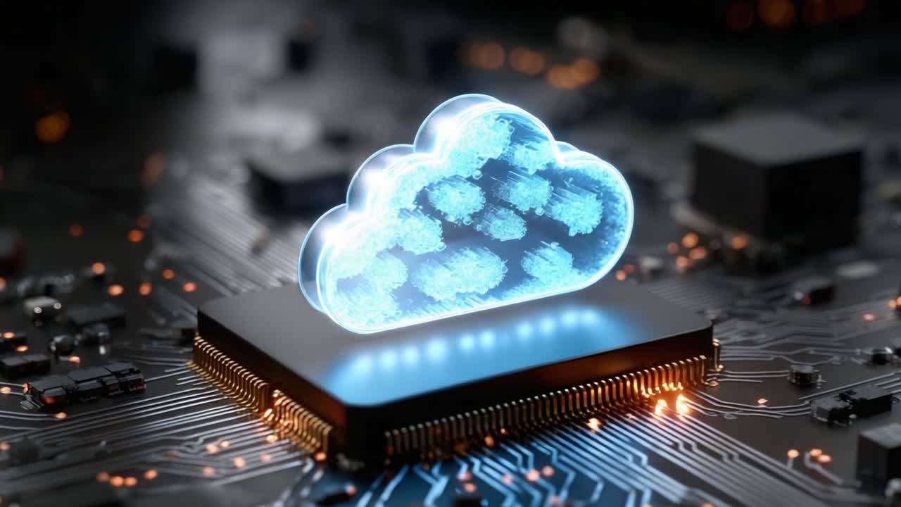 A Glowing Cloud Icon Above a Circuit Board, Representing Cloud Computing and Data Storage Technologies in a Digital Environment