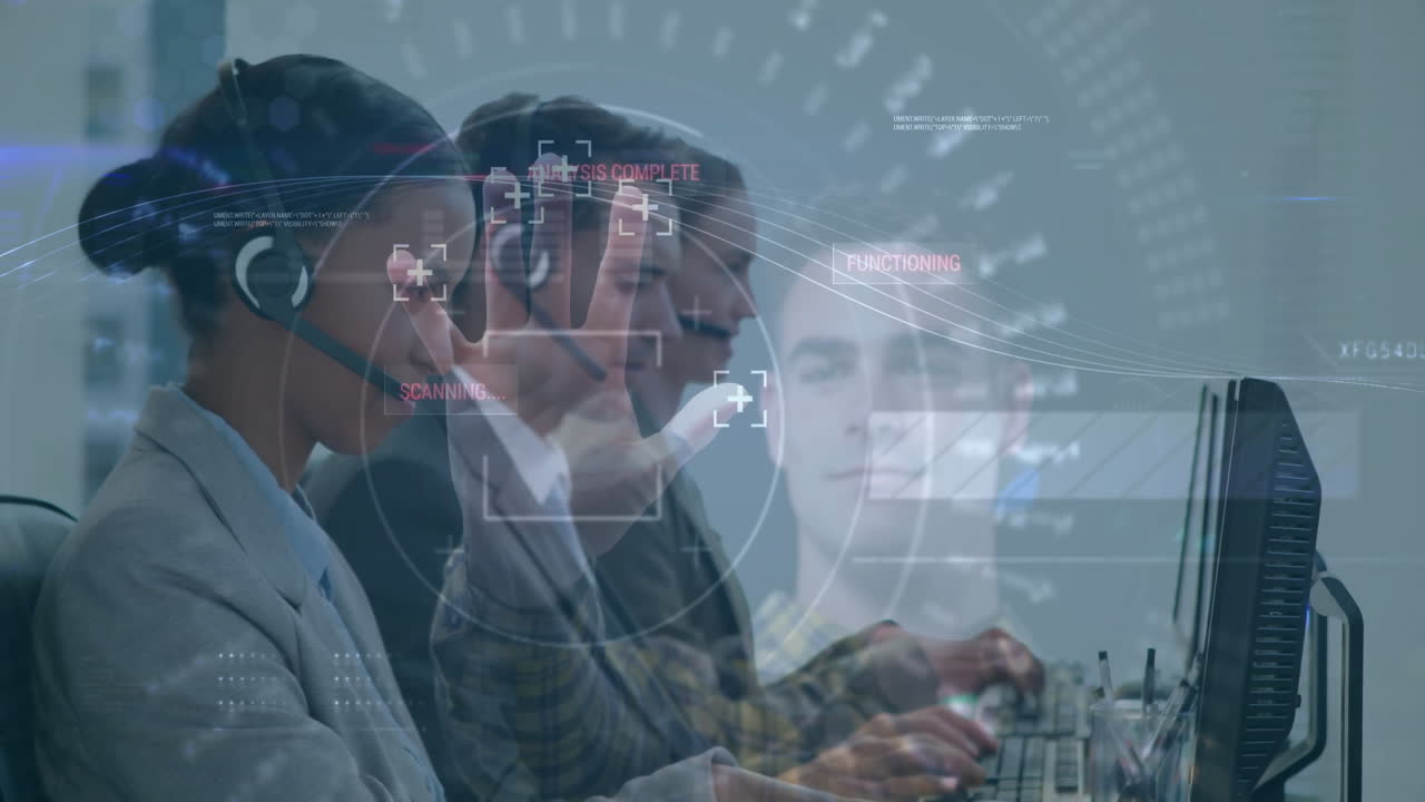 In school, people working on computers with animation overlay scanning data