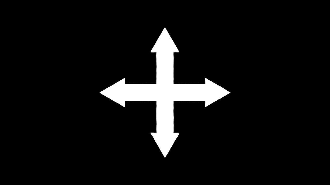White four-way arrow smoothly expands outward on solid black background, minimalistic vector animation style