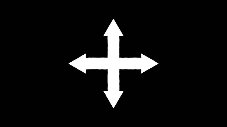 White four-way arrow smoothly expands outward on solid black background, minimalistic vector animation style