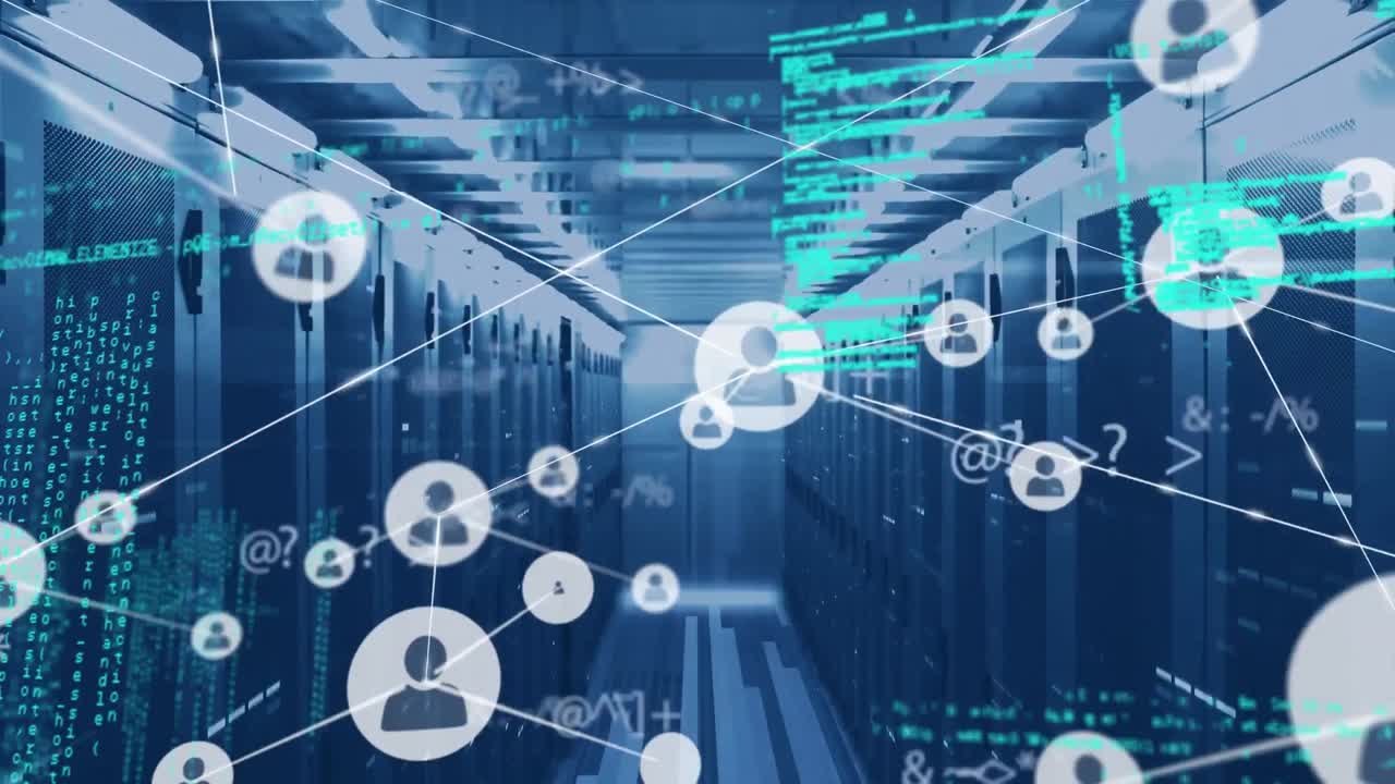 Animation of network of connections with people icons and data processing over computer servers