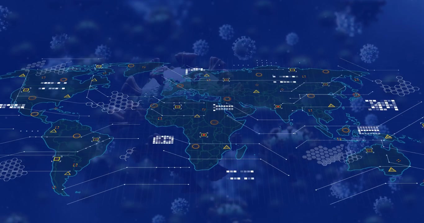 Digital World Map Overlaying Coronavirus Cells