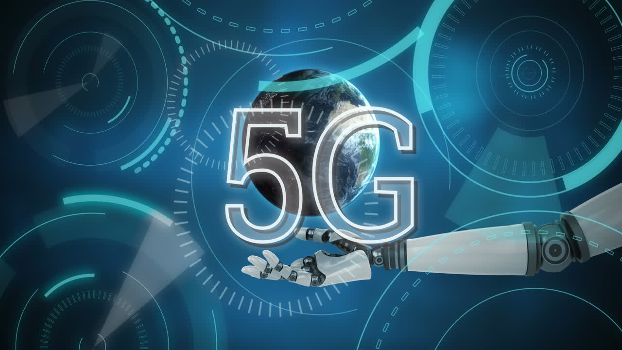 mani robotiche e 5g scritto nel mezzo di un futuristico cerchi 4k