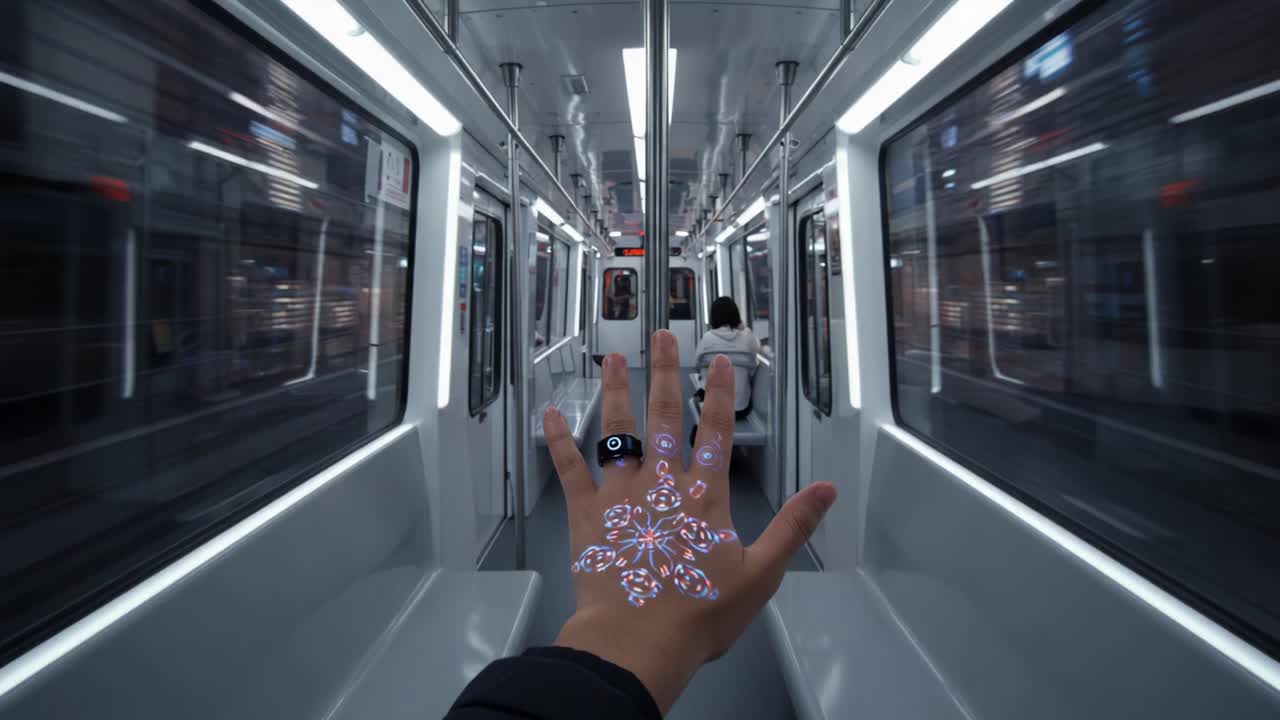 A Glimpse Inside a Modern Subway: Illuminated Hand with Artistic Design Captured in Motion, Showcasing Urban Life and Innovative Technology