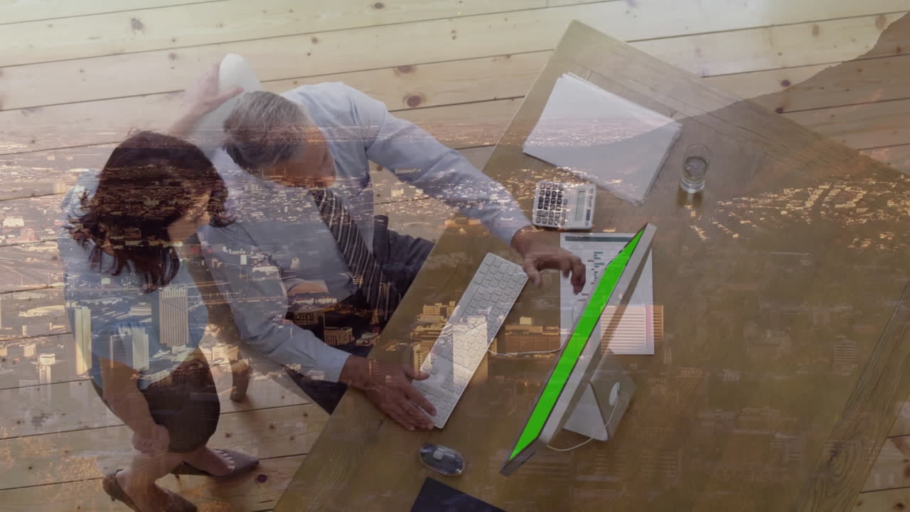 animación del paisaje urbano sobre diversas personas de negocios en la oficina