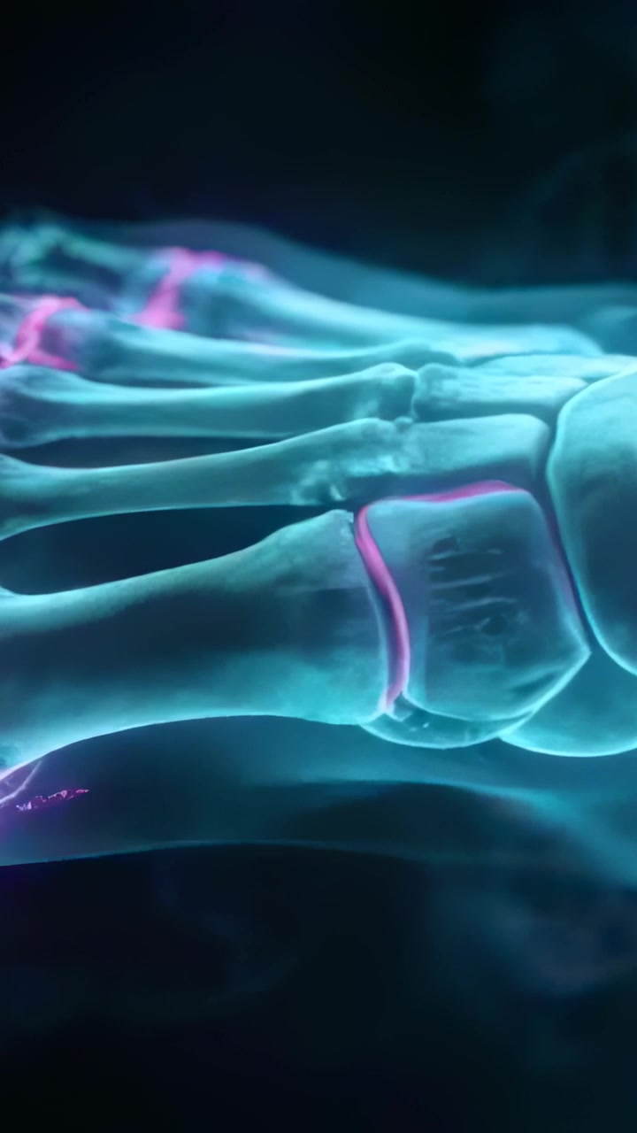 Vertical video: Starting camera panning revealing 3D foot skeleton tracing neon overlays for study