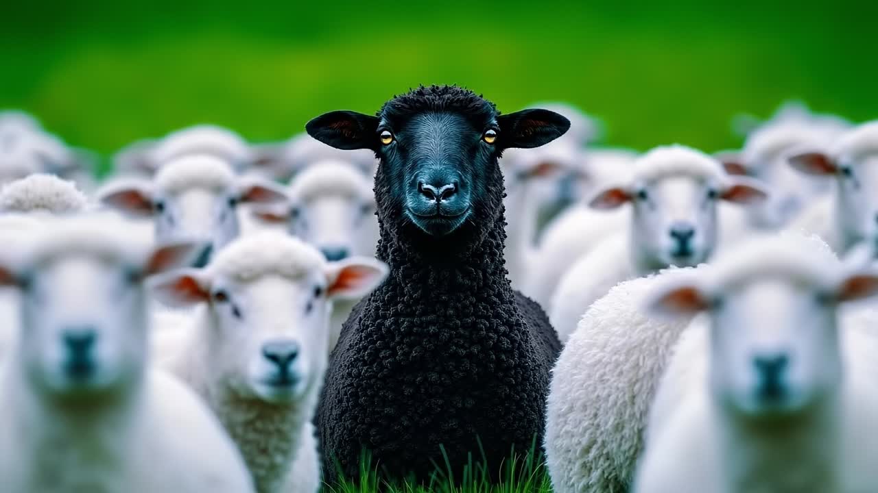 A black sheep standing in a field of white sheep