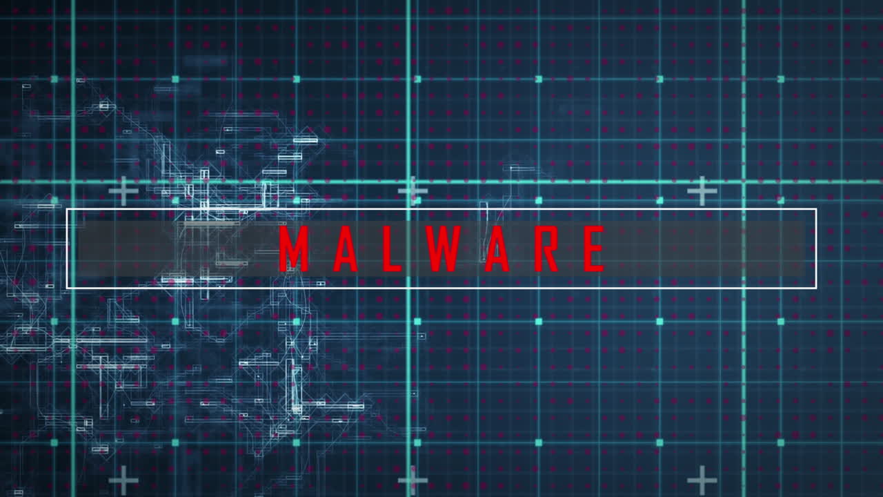 animación de texto de malware sobre el procesamiento de datos en fondo negro.