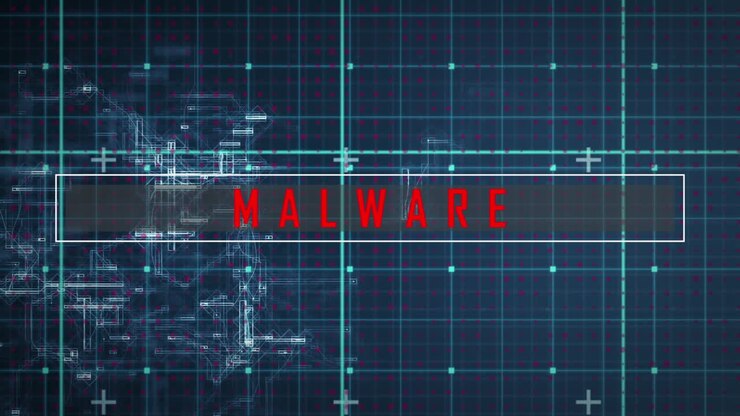 Animation of malware text over data processing on black background
