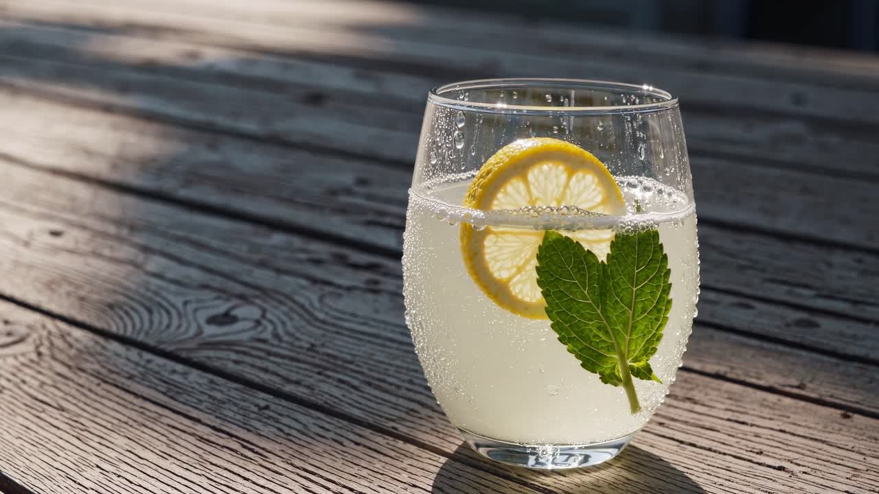 Close-up video of a refreshing lemonade with lemon slice and mint on a rustic wooden table