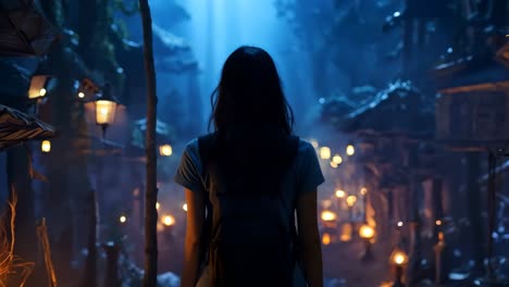 a woman standing in the middle of a dark forest at night