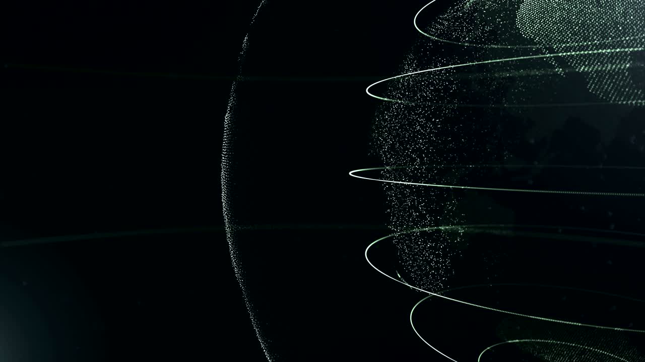 Abstract sphere. Cropped sphere. Connected yellowish green dots with lines. Globalization interface. Planet is moving on the right side. 4K.