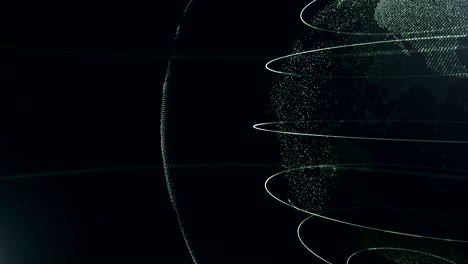 esfera abstracta. esfera recortada. puntos verdes amarillentos conectados con líneas. interfaz de globalización. el planeta se mueve en el lado derecho. 4k.