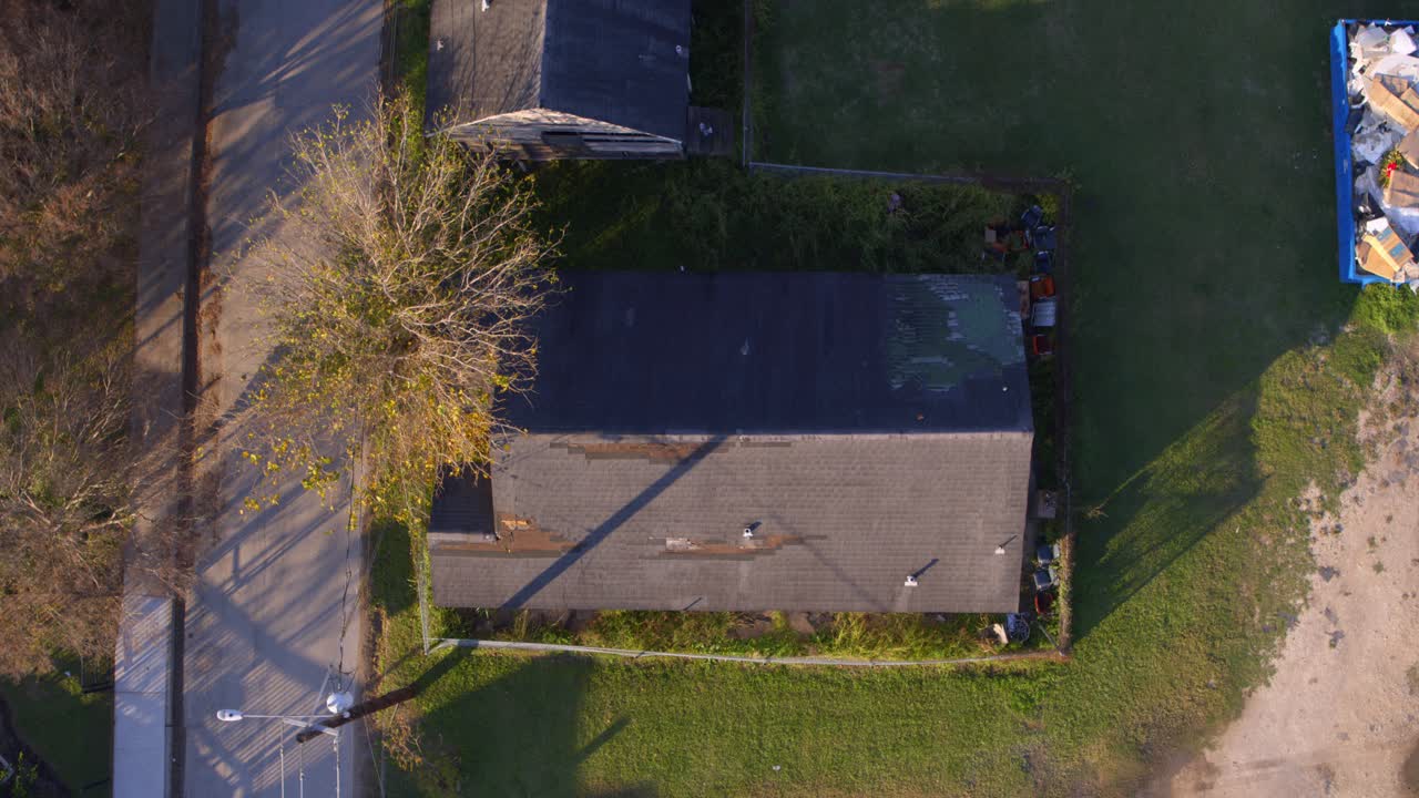 Descending drone shot of homes in Freedmen Town Forth Ward in Houston