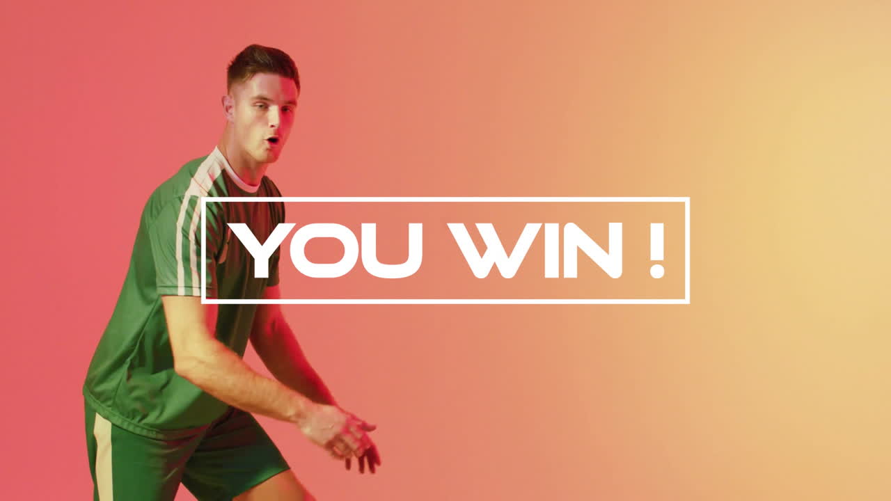 Celebrating victory, athlete in green uniform with animation of YOU WIN! text