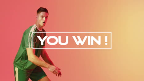 celebrating victory, athlete in green uniform with animation of you win! text