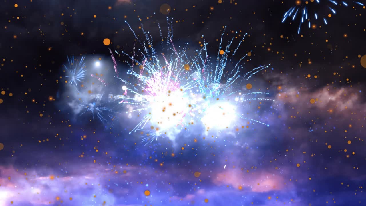 Fireworks bursting and golden sparks drifting while Happy Diwali text coalescing celebrating Diwali