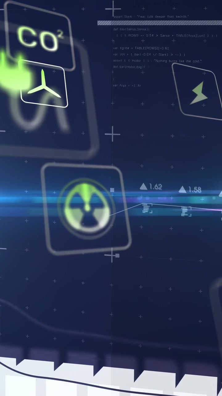 Vertical video: 3D bars growing as green icons drifting in, visualizing energy and hazard trends
