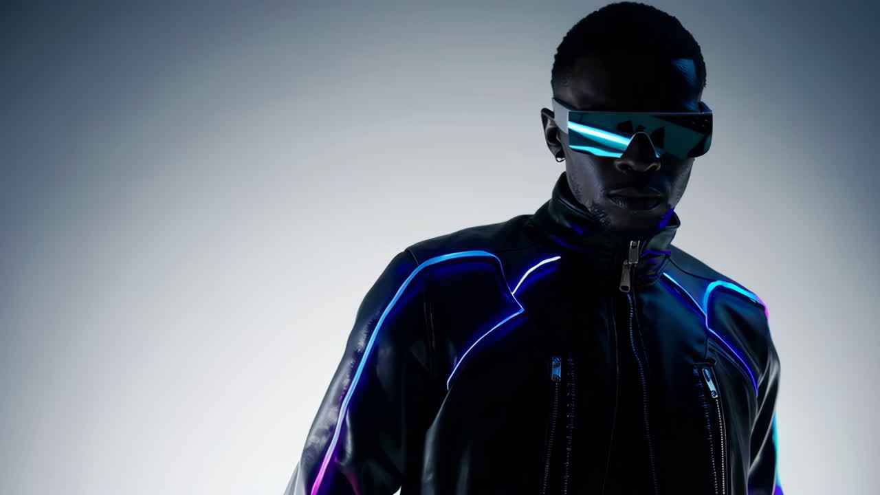 Futuristinen mies neonvaloisessa takissa ja laseissa