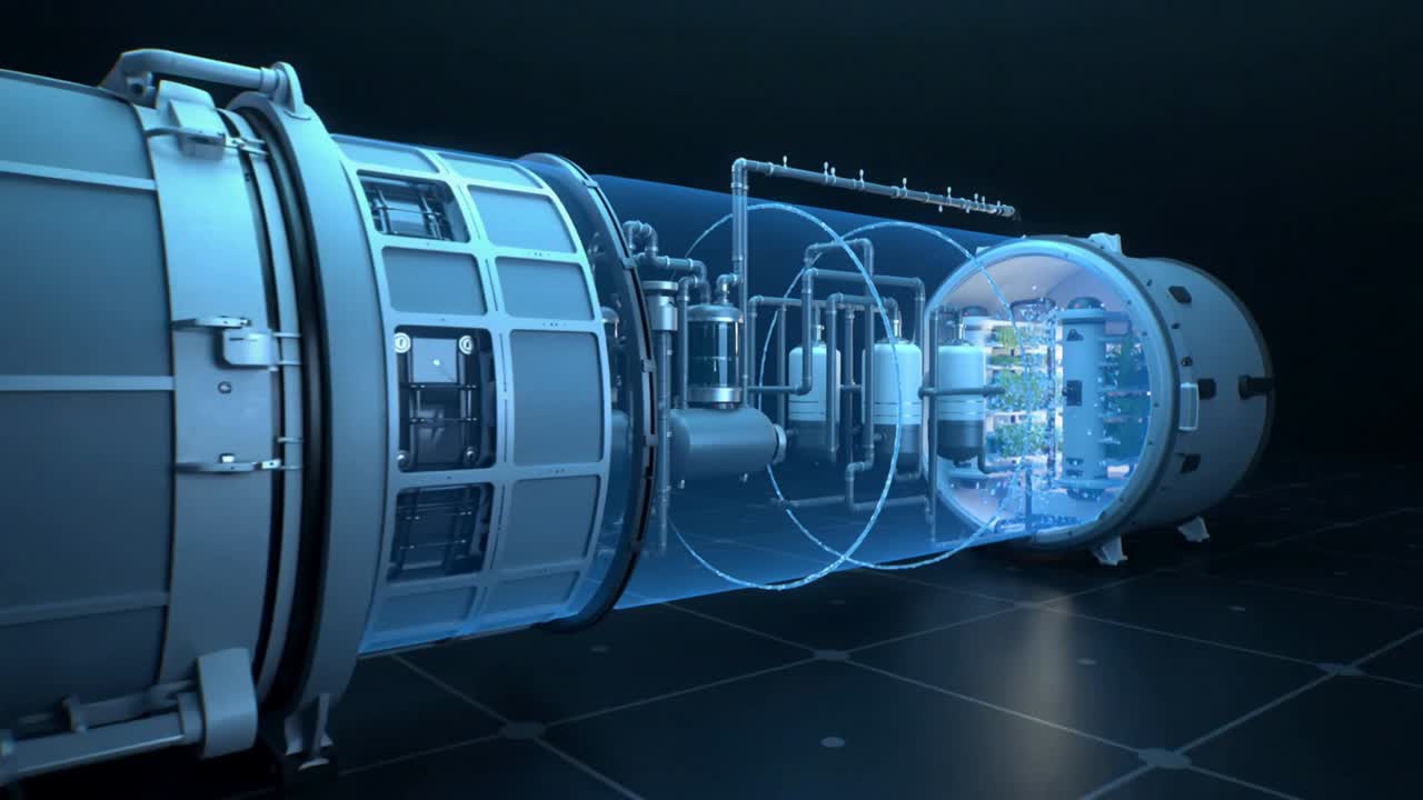 Sweeping camera revealing clear cylinder with grow towers in studio, showing water stream